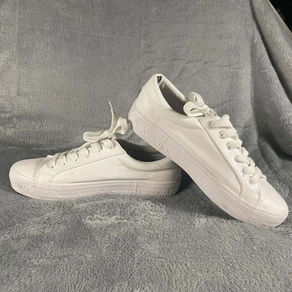 Nautica White Low Top Lace Up Sneakers 90s‎ Preppy Coastal Logo Size 10